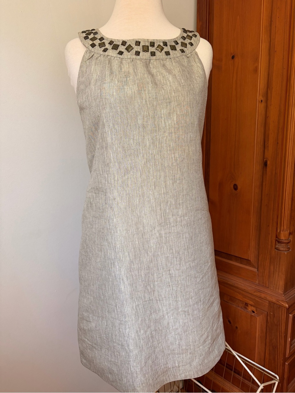 Tweeds Light Gray Sleeveless Embellished Neckline Shift Dress